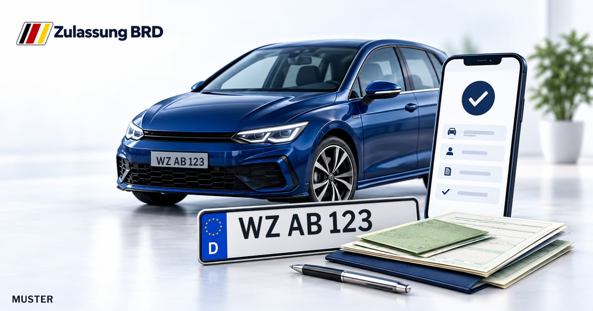 Online Fahrzeugzulassung in Driedorf: Musterkennzeichen WZ AB 123, Auto und Fahrzeugpapiere und Smartphone. Illustration mit Logo von Zulassung BRD.